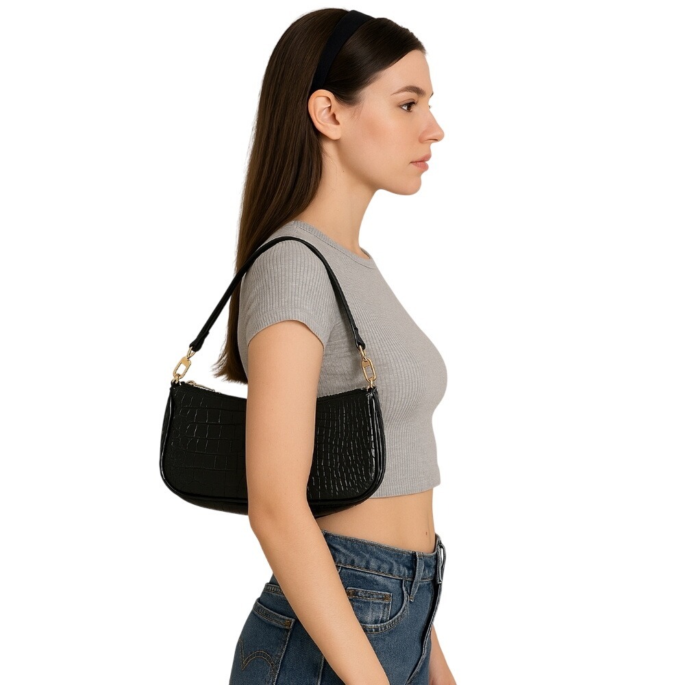 Y2K Faux Embossed Black Leather Baguette Bag‎ With Gold Hardware